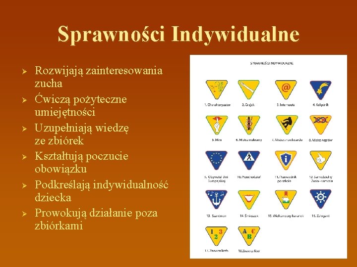 Sprawności Indywidualne Ø Ø Ø Rozwijają zainteresowania zucha Ćwiczą pożyteczne umiejętności Uzupełniają wiedzę ze