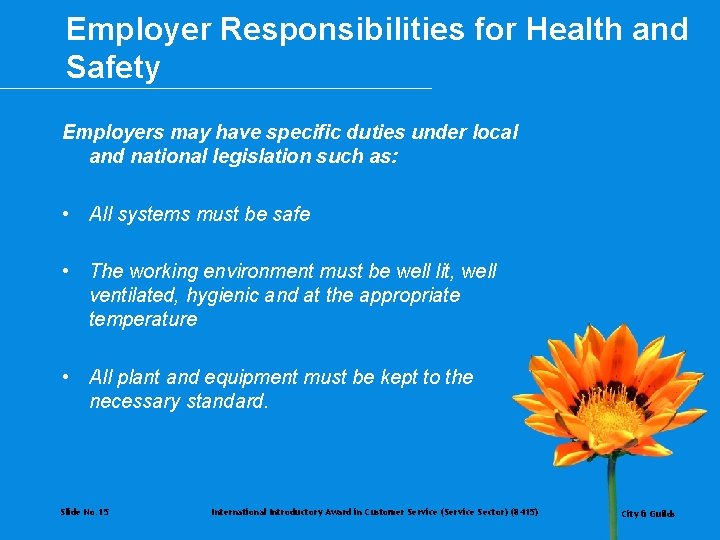 Employer Responsibilities for Health and Safety Employers may have specific duties under local and