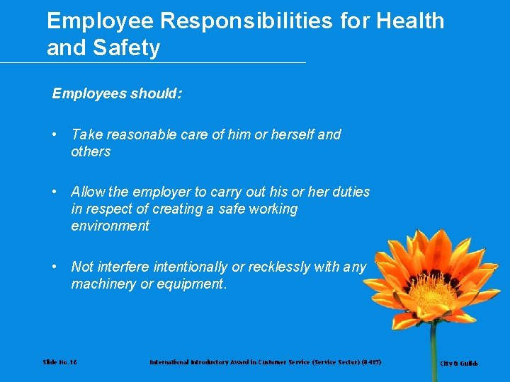 Employee Responsibilities for Health and Safety Employees should: • Take reasonable care of him
