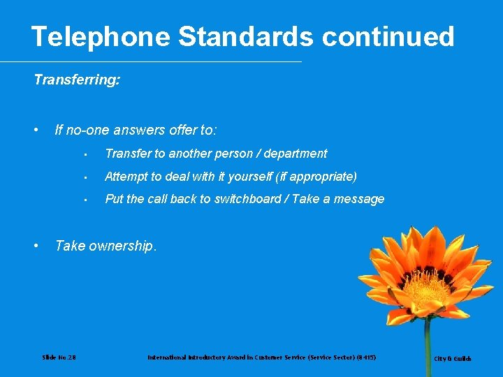 Telephone Standards continued Transferring: • • If no-one answers offer to: • Transfer to