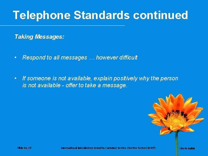 Telephone Standards continued Taking Messages: • Respond to all messages … however difficult •