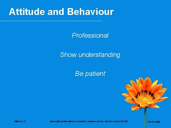 Attitude and Behaviour Professional Show understanding Be patient Slide No. 35 International Introductory Award