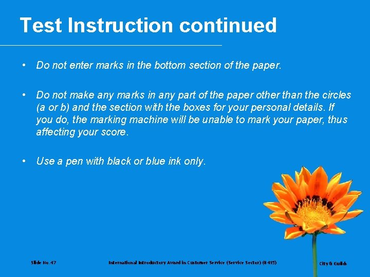 Test Instruction continued • Do not enter marks in the bottom section of the