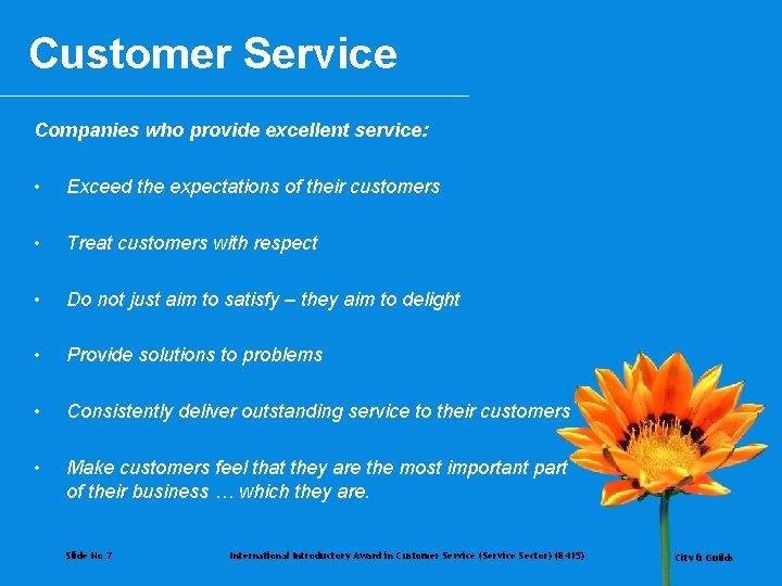 Customer Service Companies who provide excellent service: • Exceed the expectations of their customers