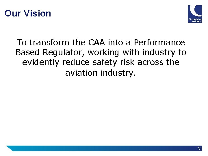 Our Vision To transform the CAA into a Performance Based Regulator, working with industry Our Vision To transform the CAA into a Performance Based Regulator, working with industry
