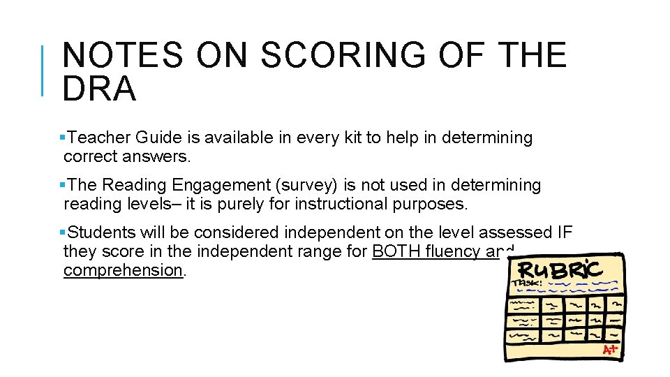 NOTES ON SCORING OF THE DRA §Teacher Guide is available in every kit to