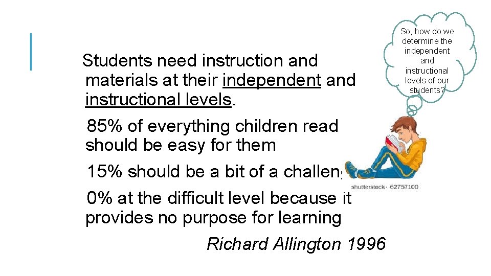 Students need instruction and materials at their independent and instructional levels. 85% of everything