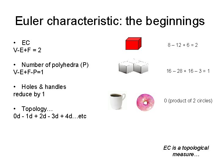 Euler characteristic: the beginnings • EC V-E+F = 2 • Number of polyhedra (P)