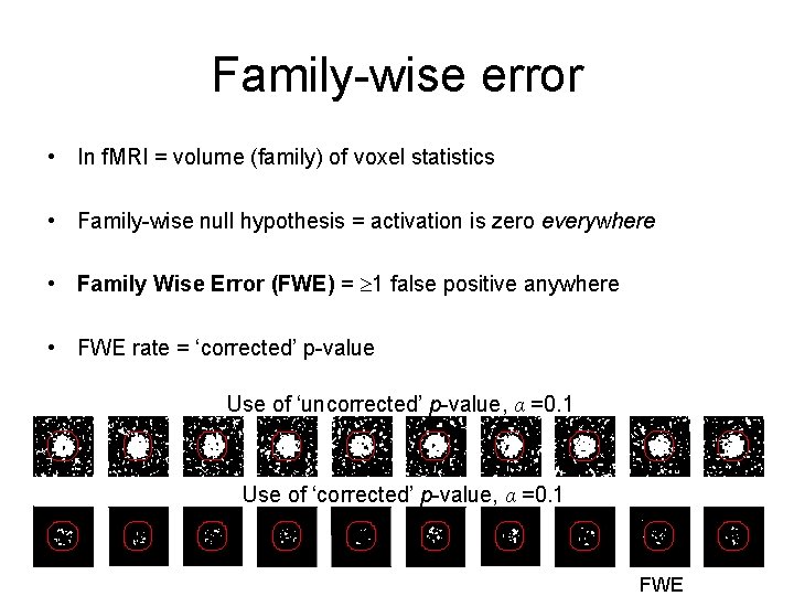 Family-wise error • In f. MRI = volume (family) of voxel statistics • Family-wise