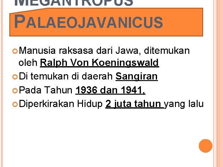 MEGANTROPUS PALAEOJAVANICUS Manusia raksasa dari Jawa, ditemukan oleh Ralph Von Koeningswald Di temukan di MEGANTROPUS PALAEOJAVANICUS Manusia raksasa dari Jawa, ditemukan oleh Ralph Von Koeningswald Di temukan di