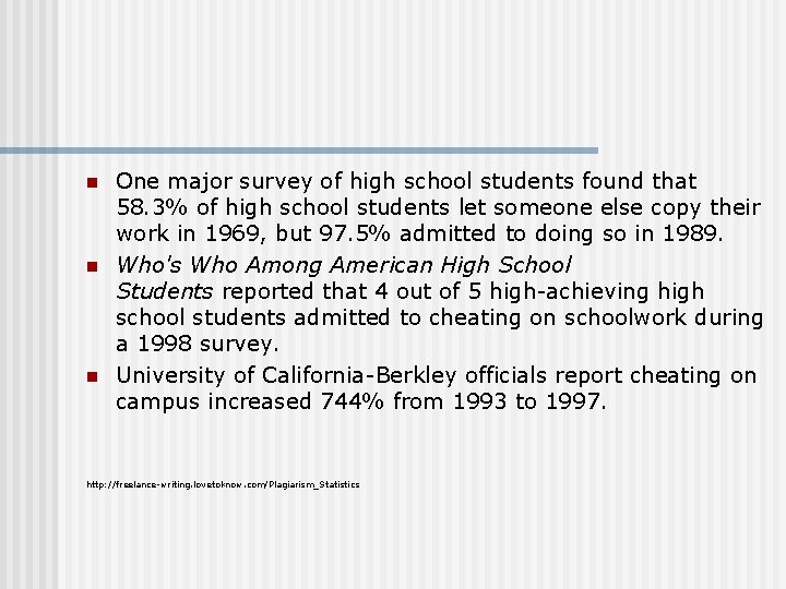 n n n One major survey of high school students found that 58. 3% n n n One major survey of high school students found that 58. 3%