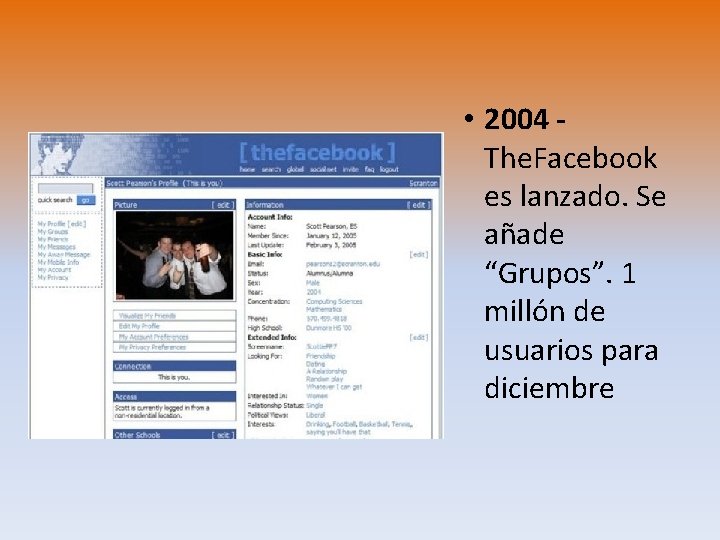  • 2004 - The. Facebook es lanzado. Se añade “Grupos”. 1 millón de