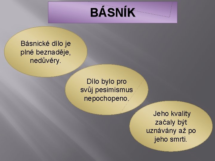 BÁSNÍK Básnické dílo je plné beznaděje, nedůvěry. Dílo bylo pro svůj pesimismus nepochopeno. Jeho