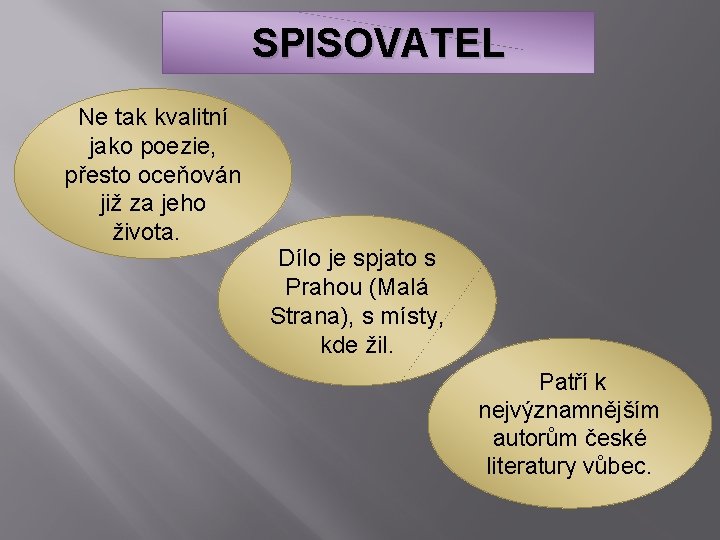 SPISOVATEL Ne tak kvalitní jako poezie, přesto oceňován již za jeho života. Dílo je