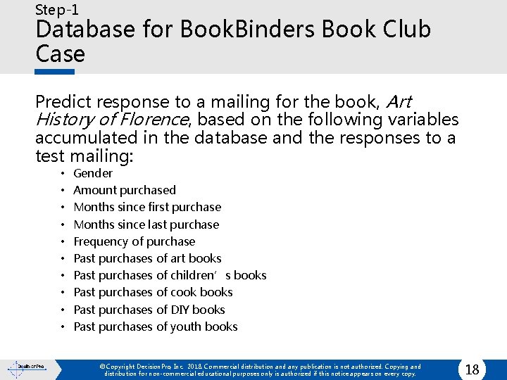 Step-1 Database for Book. Binders Book Club Case Predict response to a mailing for