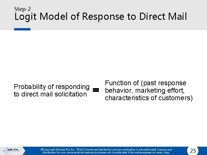 Step-2 Logit Model of Response to Direct Mail Probability of responding to direct mail