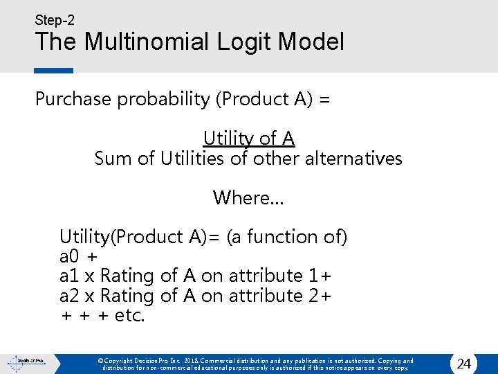 Step-2 The Multinomial Logit Model Purchase probability (Product A) = Utility of A Sum