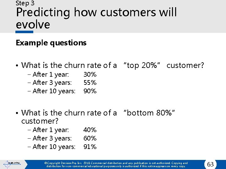 Step 3 Predicting how customers will evolve Example questions • What is the churn