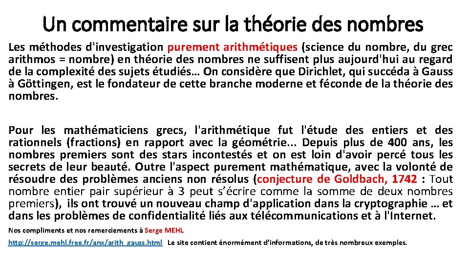 Un commentaire sur la théorie des nombres Les méthodes d'investigation purement arithmétiques (science du