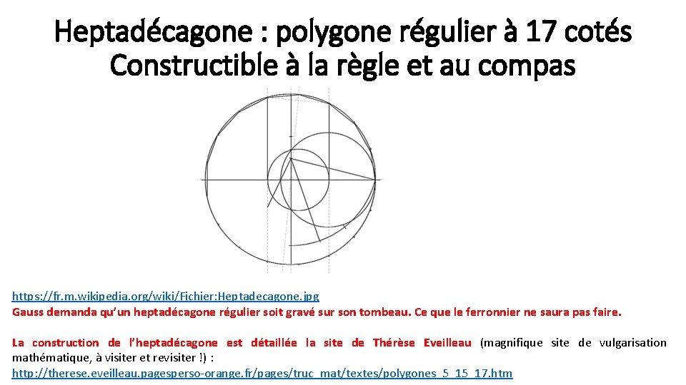 Heptadécagone : polygone régulier à 17 cotés Constructible à la règle et au compas