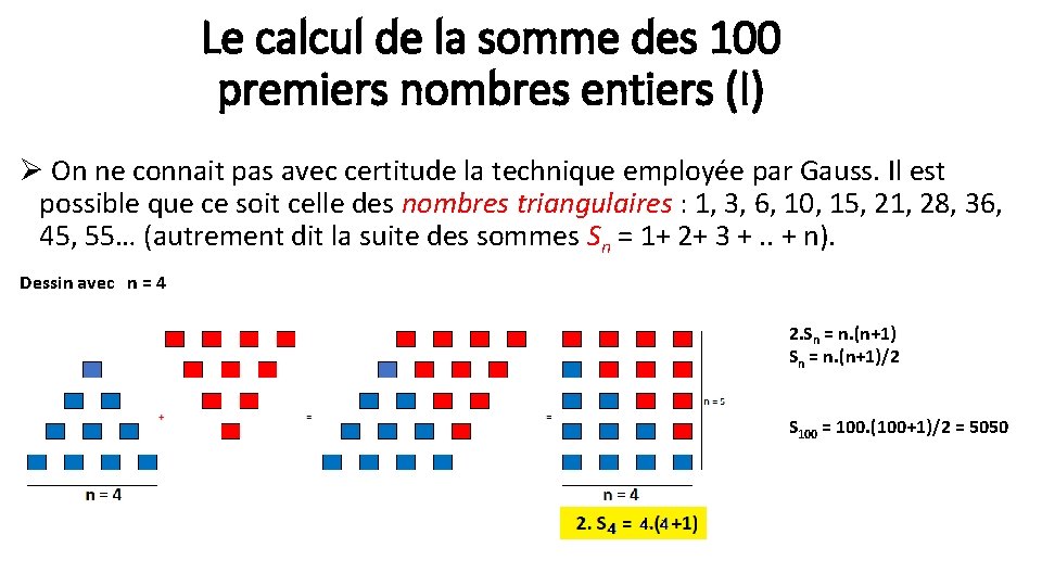 Le calcul de la somme des 100 premiers nombres entiers (I) Ø On ne