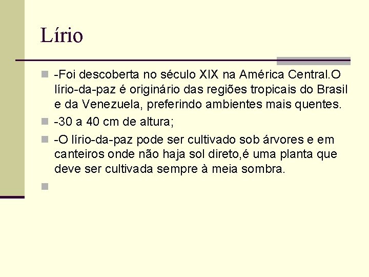 Lírio n -Foi descoberta no século XIX na América Central. O lírio-da-paz é originário