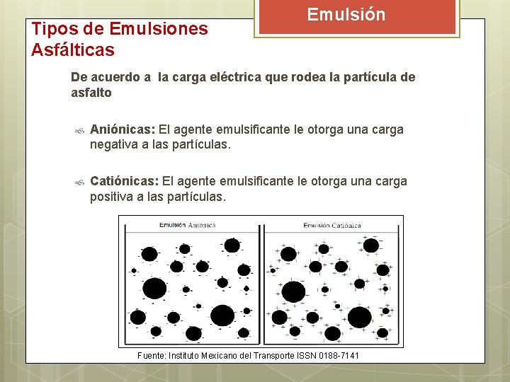 Tipos de Emulsiones Asfálticas Emulsión De acuerdo a la carga eléctrica que rodea la Tipos de Emulsiones Asfálticas Emulsión De acuerdo a la carga eléctrica que rodea la