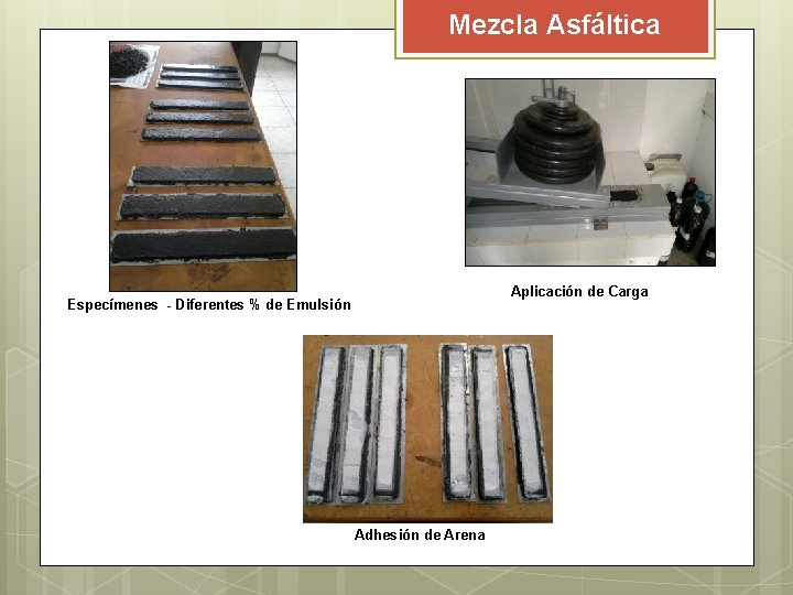 Mezcla Asfáltica Aplicación de Carga Especímenes - Diferentes % de Emulsión Adhesión de Arena Mezcla Asfáltica Aplicación de Carga Especímenes - Diferentes % de Emulsión Adhesión de Arena