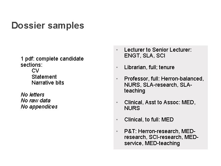 Dossier samples 1 pdf: complete candidate sections: CV Statement Narrative bits No letters No