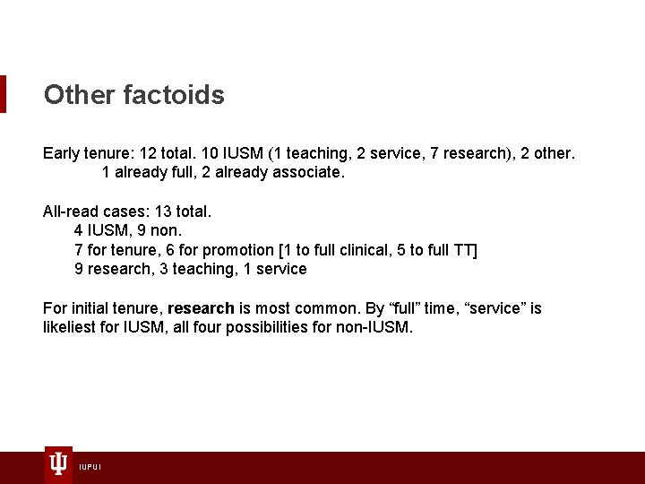 Other factoids Early tenure: 12 total. 10 IUSM (1 teaching, 2 service, 7 research),