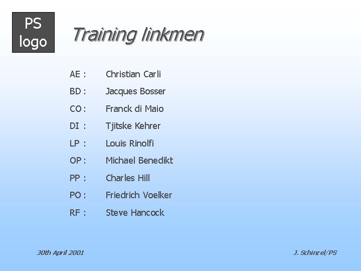 PS logo Training linkmen AE : Christian Carli BD : Jacques Bosser CO :