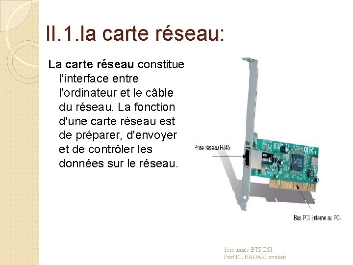 II. 1. la carte réseau: La carte réseau constitue l'interface entre l'ordinateur et le