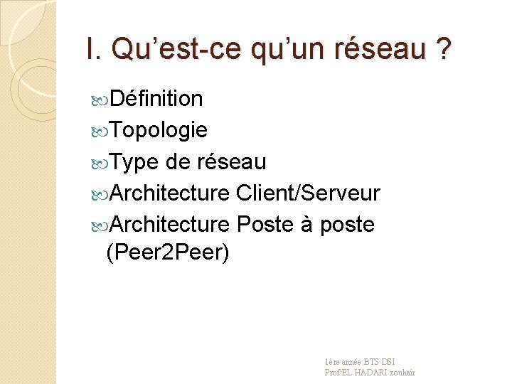 I. Qu’est-ce qu’un réseau ? Définition Topologie Type de réseau Architecture Client/Serveur Architecture Poste