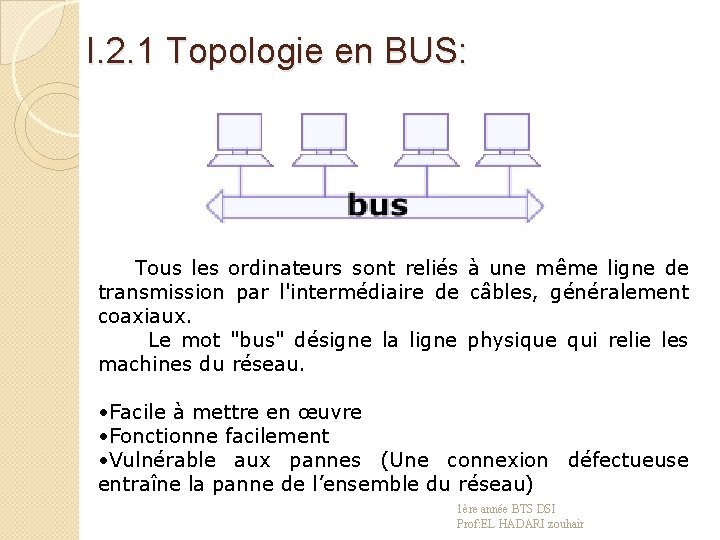 I. 2. 1 Topologie en BUS: Tous les ordinateurs sont reliés à une même