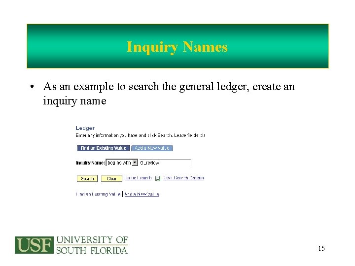 Inquiry Names • As an example to search the general ledger, create an inquiry