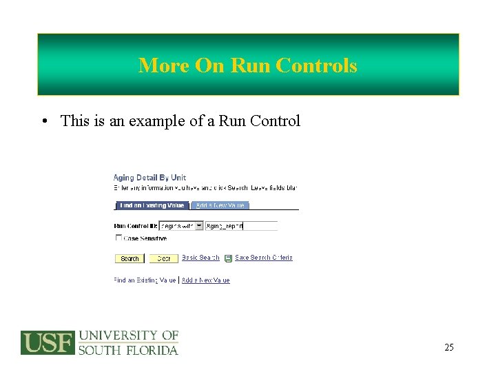 More On Run Controls • This is an example of a Run Control 25