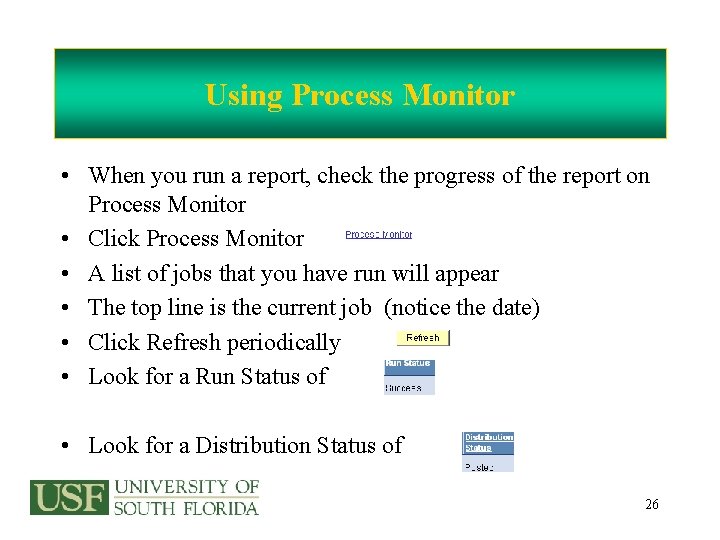 Using Process Monitor • When you run a report, check the progress of the