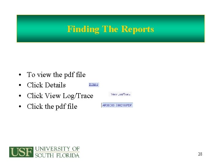 Finding The Reports • • To view the pdf file Click Details Click View