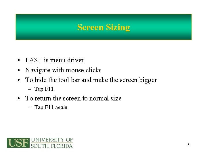 Screen Sizing • FAST is menu driven • Navigate with mouse clicks • To