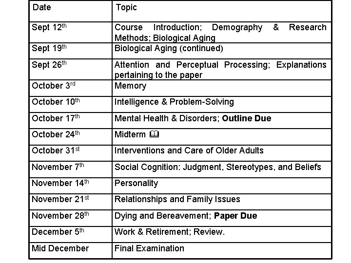Date Topic Sept 12 th Course Introduction; Demography Methods; Biological Aging (continued) Sept 19 Date Topic Sept 12 th Course Introduction; Demography Methods; Biological Aging (continued) Sept 19