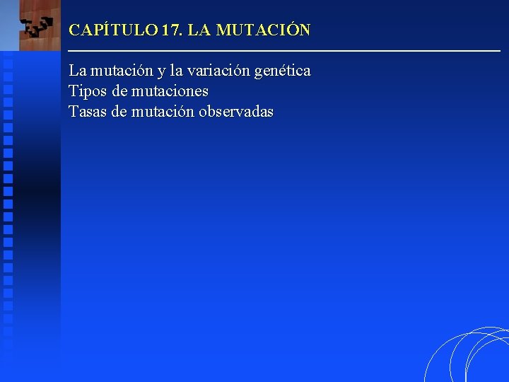 CAPÍTULO 17. LA MUTACIÓN La mutación y la variación genética Tipos de mutaciones Tasas