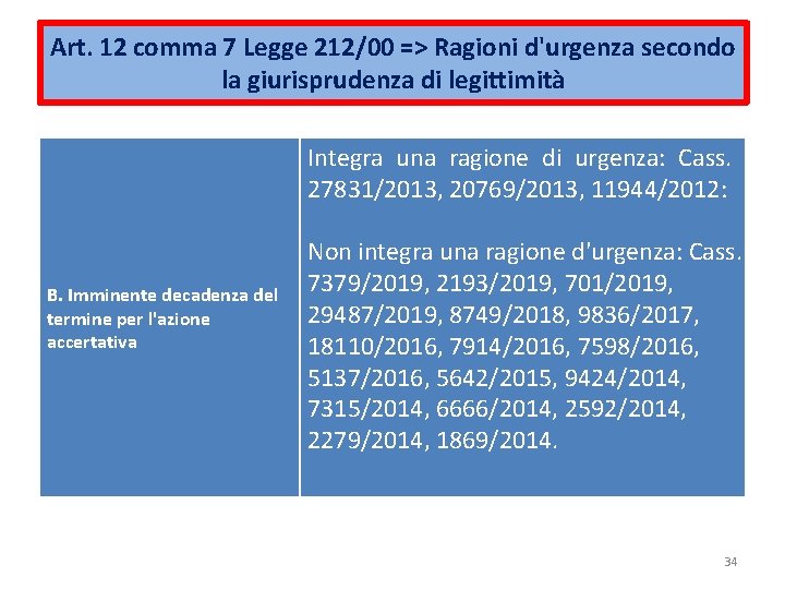 Art. 12 comma 7 Legge 212/00 => Ragioni d'urgenza secondo la giurisprudenza di legittimità