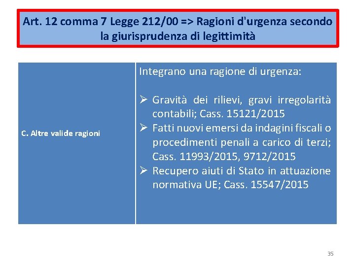 Art. 12 comma 7 Legge 212/00 => Ragioni d'urgenza secondo la giurisprudenza di legittimità