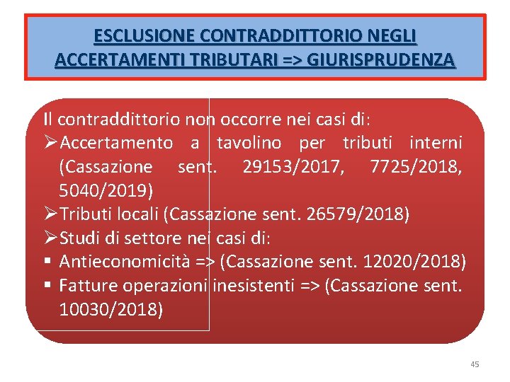 ESCLUSIONE CONTRADDITTORIO NEGLI ACCERTAMENTI TRIBUTARI => GIURISPRUDENZA Il contraddittorio non occorre nei casi di: