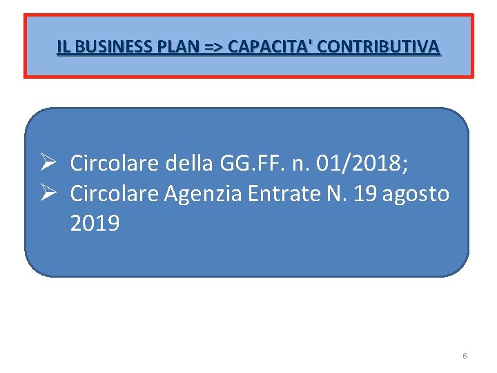 IL BUSINESS PLAN => CAPACITA' CONTRIBUTIVA Ø Circolare della GG. FF. n. 01/2018; Ø