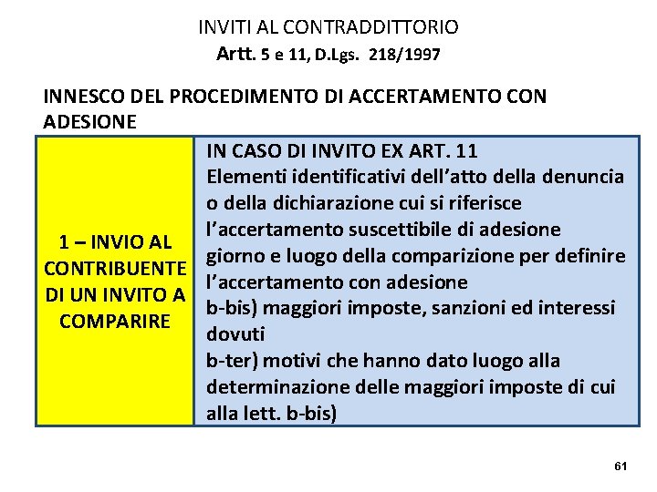 INVITI AL CONTRADDITTORIO Artt. 5 e 11, D. Lgs. 218/1997 INNESCO DEL PROCEDIMENTO DI