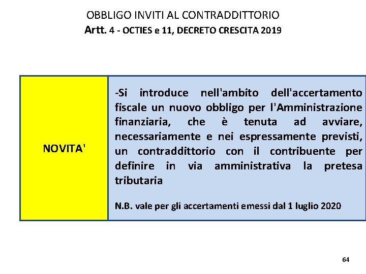 OBBLIGO INVITI AL CONTRADDITTORIO Artt. 4 - OCTIES e 11, DECRETO CRESCITA 2019 NOVITA'