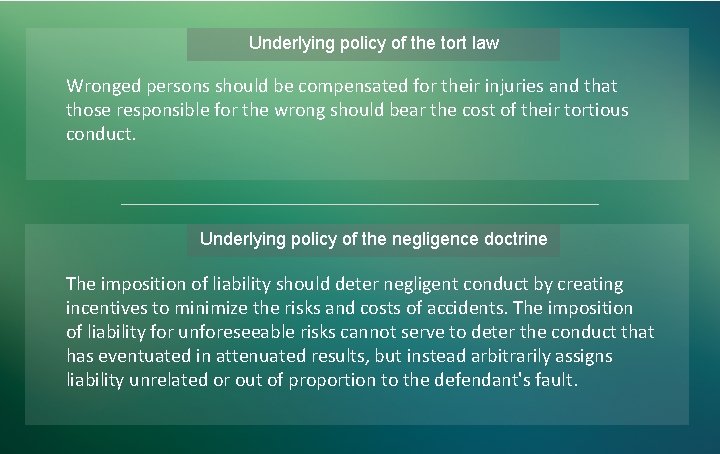 Underlying policy of the tort law Wronged persons should be compensated for their injuries Underlying policy of the tort law Wronged persons should be compensated for their injuries