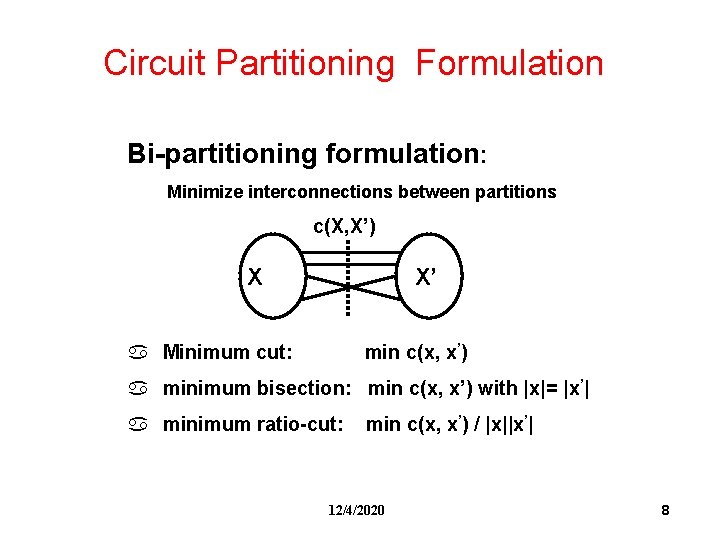 Circuit Partitioning Formulation Bi-partitioning formulation: Minimize interconnections between partitions c(X, X’) X X’ a