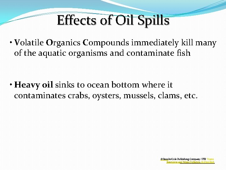 Effects of Oil Spills • Volatile Organics Compounds immediately kill many of the aquatic